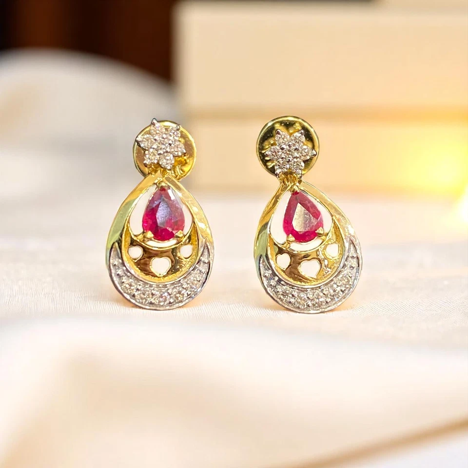 Elegant 1 Cts F/VS1 Round Brilliant Cut Diamonds Ruby Dangle Earrings 14K Gold - Image 4 of 4