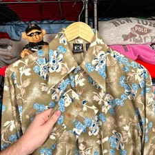 Vintage 70s Hands Off Sears Floral Disco Dagger Collar Button Shirt Size Medium