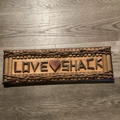 Wood Sign Plaque LOVE SHACK heart. Rustic Twig Woven. For Home Cabin She Shed