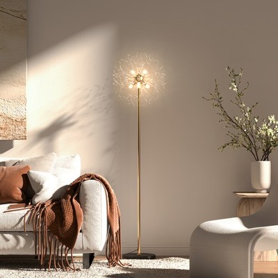 Hohe Stehlampe mit pusteblumenähnlichem Lampenschirm und Kristall für Wohnzimmer