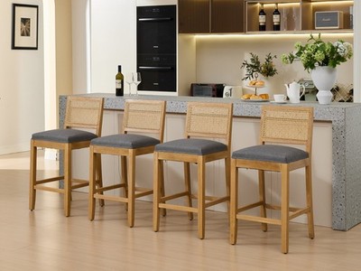 4 Set 27.9'' Height Linen Fabric Barstools Solid Wood Rattan-Back Bar Chairs Gray