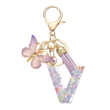 Alphabet Initial Letter V Keychain, Cute Tassel Butterfly Key Chain, Purple