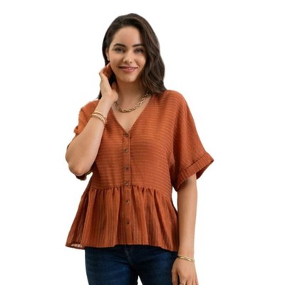 Blu Pepper for Anthropologie Brown Striped Button Front Bottom Flounce Blouse M