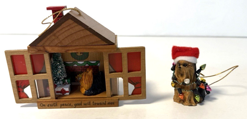 2 Yorkshire Terrier Christmas Ornament Dog Lights Santa House Tree Fireplace Vtg