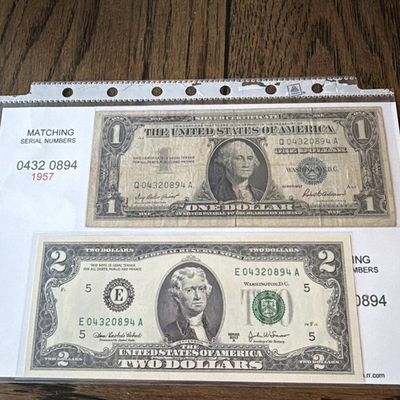 #ad DUPLICATE SERIAL NUMBER MATCHING 2 AND Silver Cert 1 DOLLAR NOTES –SAME SERIALS $30.00