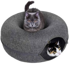 Gray Felt Round Cave Cat Bed with Pom-Pom Toy, Machine Washable, Cozy Design