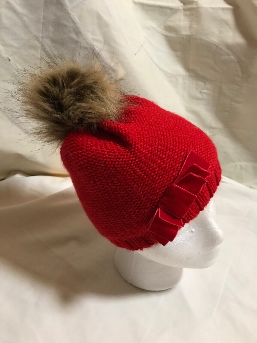 Koala kids Knit Red Faux Fur Pom Pom Velvet Bow Beanie Hat  display picture 3