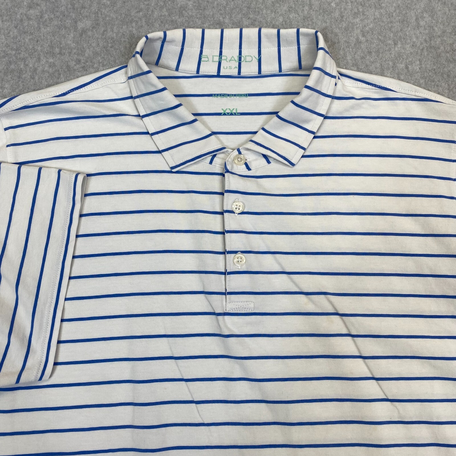 B Draddy Shirt Adult 2XL XXL White Blue Stripe Short Sleeve Polo Casual Men's