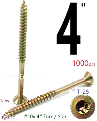 Torx T25 Star Flat Head #10 x 4'' Yellow Zinc Type 17 Outdoor Wood Screw (1000)