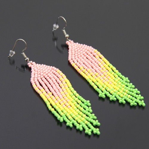 Pink Seed Bead Earrings Long Tassel Native American Style Jewelry Summer Gift - Picture 12 of 13