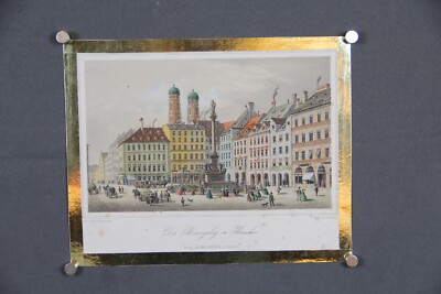 Stahlstich koloriert München Marienplatz Rathaus Emminger Max Ravizza um 1850