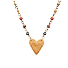 Multicolor Beaded Heart Pendant Chain Necklace Brass Tone Boho Casualchic