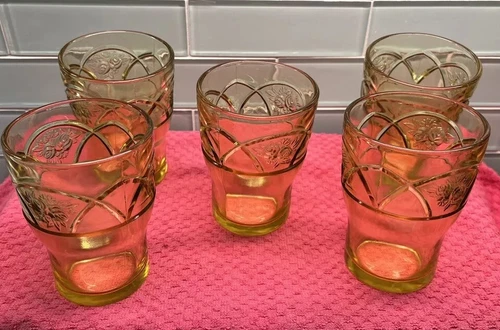 SET OF Five Perfect Vintage Amber Federal "ROSEMARY" Water Tumblers