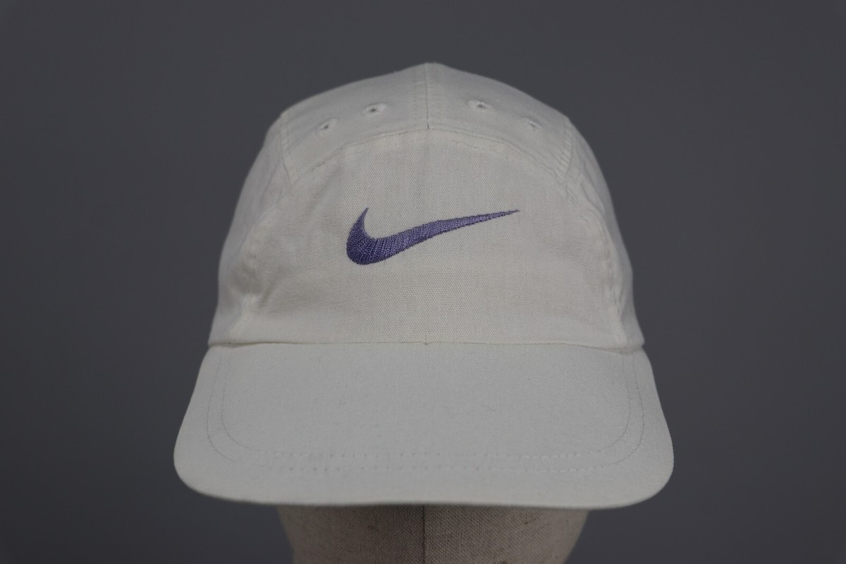 NIKE Rare Vintage 90s Purple Swoosh Logo/White Canvas 5 Panel Cap