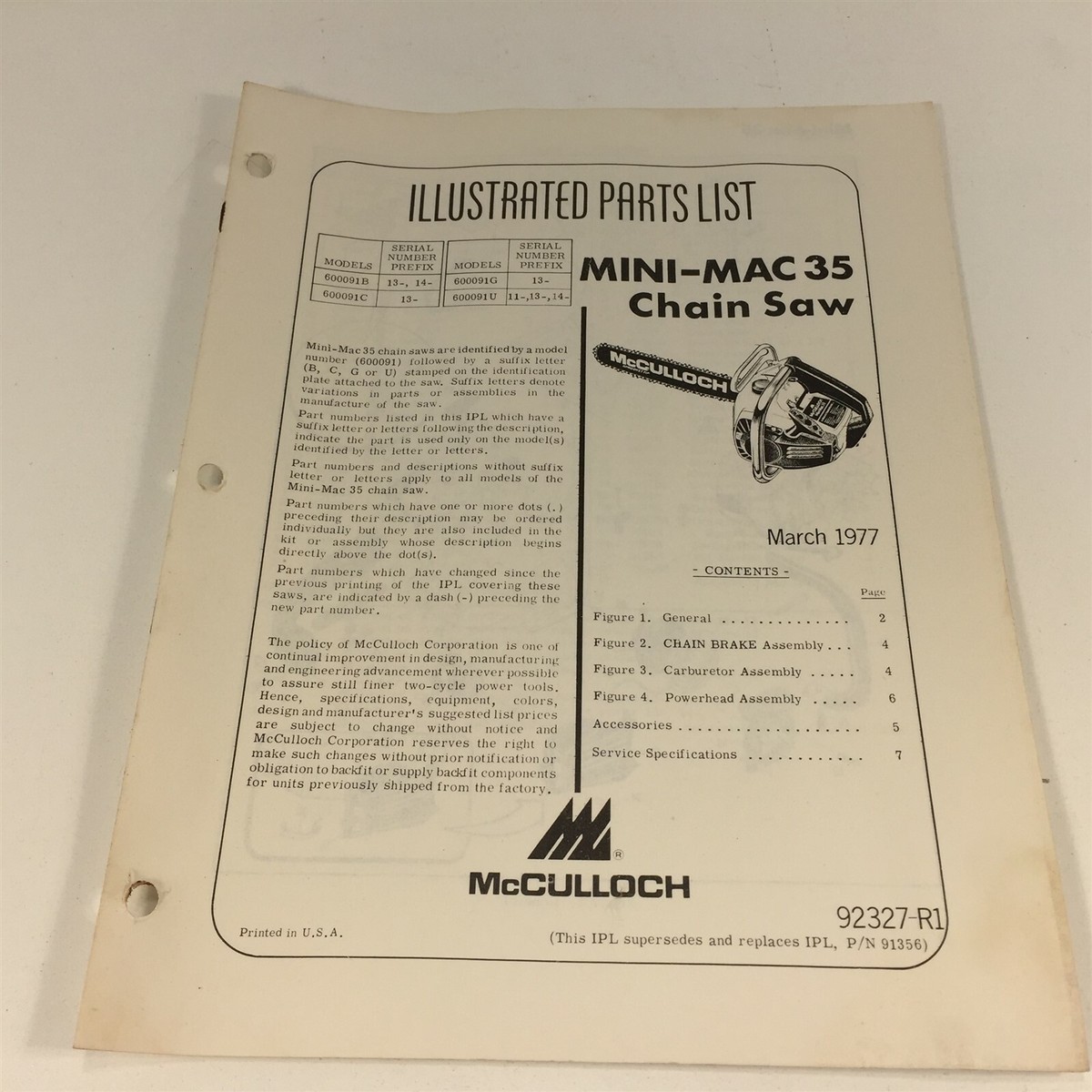 1977 McCulloch Mini-Mac 35 Chain Saw Illustrated Parts List 92327
