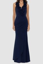 Xscape Women's Blue Scuba Crepe Ruffled V-Neck Gown Dress Petite Size 10P