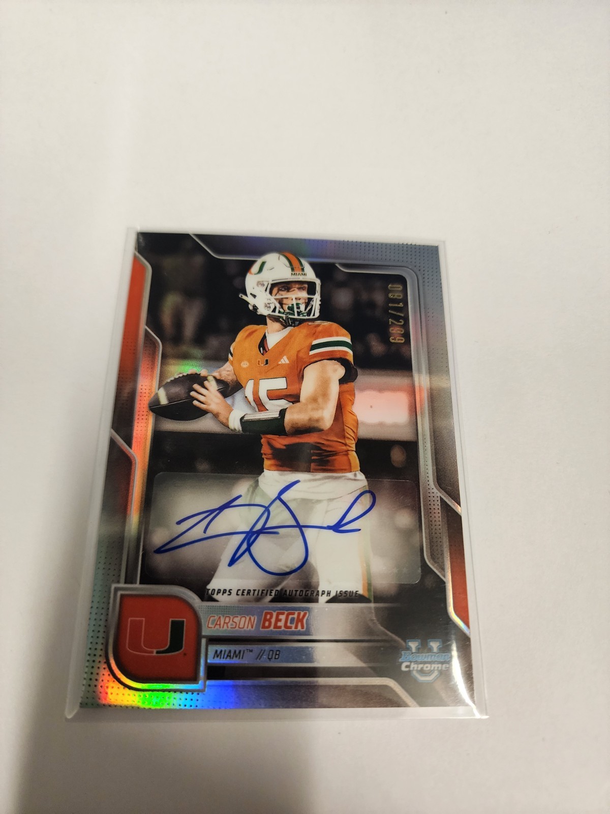 Carson Beck 2025 Bowman Chrome U Refractor Auto /299 Miami Hurricanes #BCA-CBE