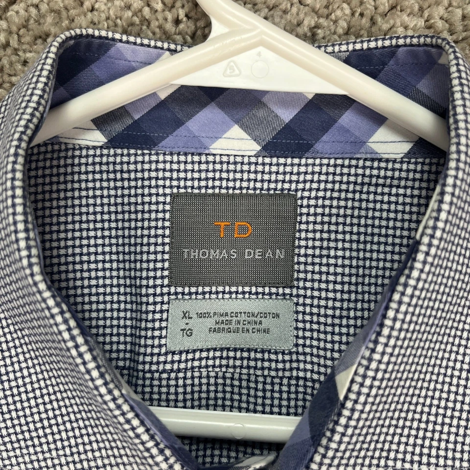 Thomas Dean Hombres XL Camisa Pata de Gallo Azul Blanco Cuadros Manga Larga Puño Abatible Foto 3 de 4
