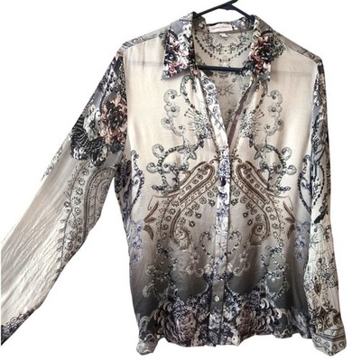 Peter Hahn Silk Shirt Neutral Semisheer Ombre Paisley Button Up Classic/14