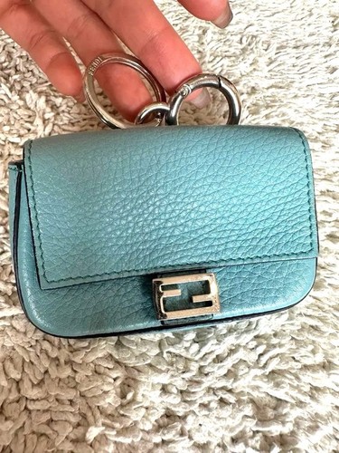 FENDI Nano Baguette Key Charm Light Blue Cuoio Romano Leather Card Case Bag Auth