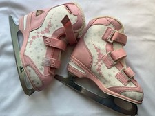 SOFTEC Jackson Ice Skates Size 1 Pink, Silver Snowflakes 7 2/3 Blade Fuzzy