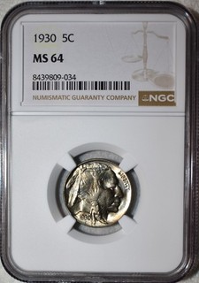 NGC MS 64 1930 P Buffalo Nickel Blazing Lightly Toned specimen.