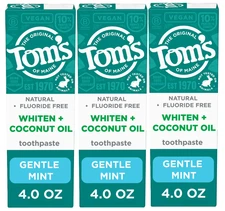3 x Tom’s of Maine Whiten Plus Coconut Oil Fluoride Free Toothpaste, Gentle Mint