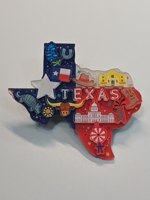 Texas Travel Souvenir Fridge Magnet Map Shape Layered Acrylic Landmarks Symbols