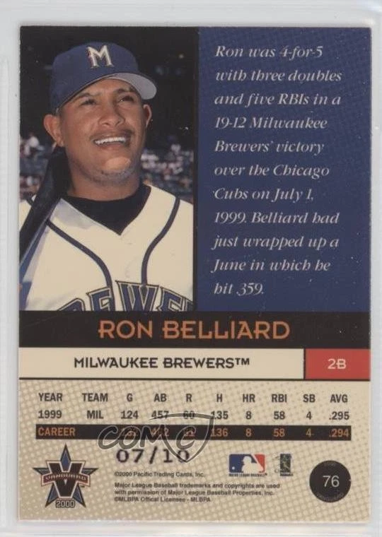 2000 Pacific Vanguard Holographic Purple /10 Ronnie Belliard Ron Belliard #76 - Image 2 of 2