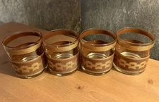 Vintage Brown & Gold Chain Link Textured Overlay Lowball Glasses MCM- Set Of 4