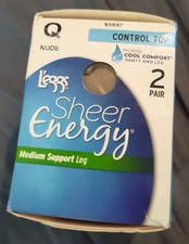 L'eggs Sheer Energy Control Top Size Q Nude Medium Support Leg 2 PACK w/Wicking
