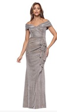 Xscape Off-the-Shoulder Glitter Ruffle Gown Gold Formal Dress in Size 4 petite 