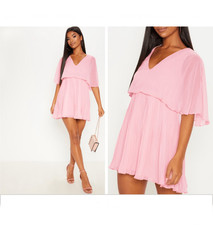 NWOT PrettyLittleThing Dusty Pink Cape Pleated Detail Skater Dress 4