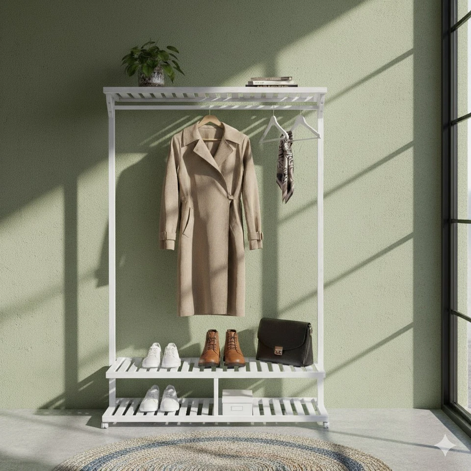 Perchero de bambú con estantes y ruedas - 60”H x 41”W x 14”D Foto 3 de 4