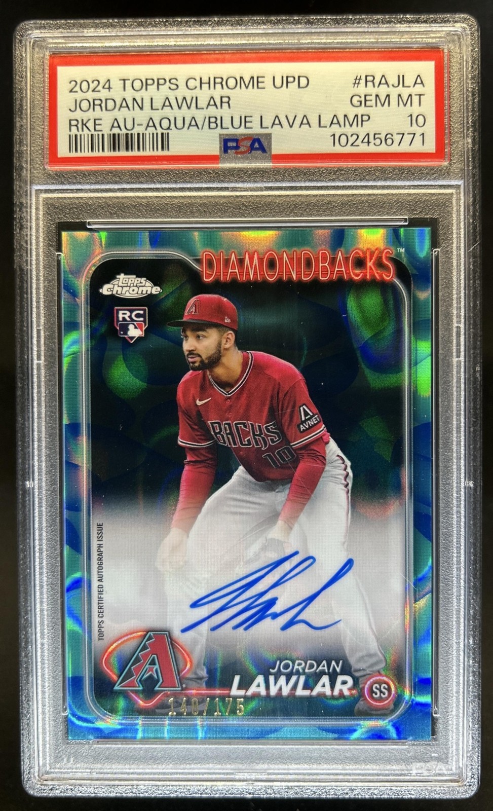 2024 Topps Chrome Jordan Lawlar Rookie Auto Lava Lamp Aqua/Blue #/175 PSA 10