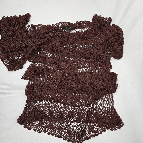 Y2K ARIA vintage. Top tunica semi trasparente all'uncinetto marrone grunge A Steampunk taglia XL - Foto 15 di 22