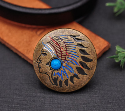 Antique Brass Southeast Ethnic Indian Head Turquoise Leathercraft Belt Conchos
