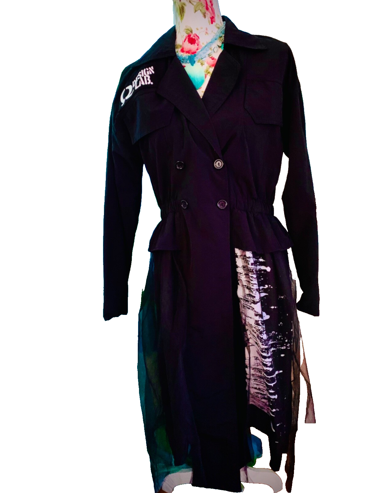 Women's Black Trench Coat by Q Design Lab with Buttons Size M $127-image