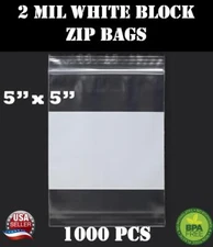 1000 5"x 5" Zip Seal Reclosable 2Mil Plastic Top Lock Bags White Block Jewelry