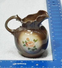 Vintage Arnels 6 in Decorative Pottery Pitcher Brown and Gold with Roses