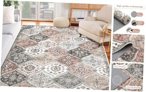 9x12 Area Rug Moroccan Trellis Large Area Rug Machine Washable 9'x12' Pink/Grey