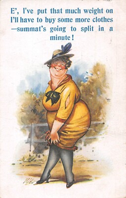 POSTKARTE COMIC FETTE DAME ZU VIEL GEWICHT NEUE KLEIDUNG