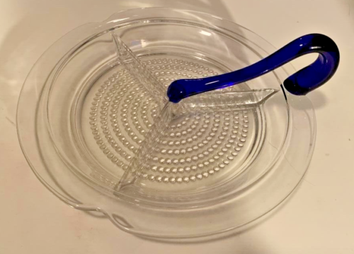 Vintage Hobnail Divided Glass Serving Dish with Blue Glass Handle BEAUTIFUL! - Picture 1 of 2