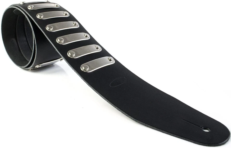 LEATHERGRAFT / LEATHERCRAFT UK MADE BLACK 2.5" WIDE DOGTAG METAL STUD ADJUSTABLE REAL LEATHER GUITAR STRAP