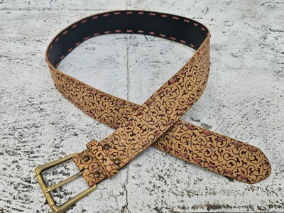 Women Belt Tan Faux Leather Engraved Design Wide Waistband Pin Buckle Size 32 Women Belt Tan Faux Leather Engraved Design Wide Waistband  main image 2