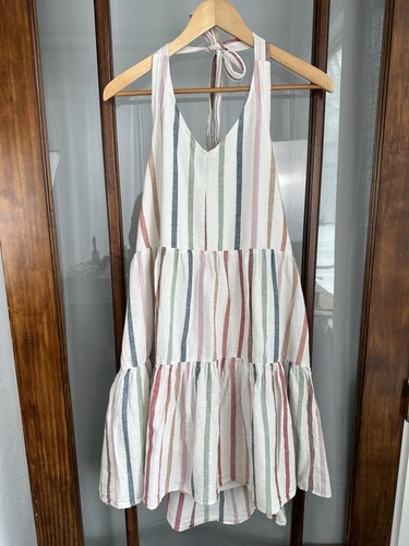 American Eagle Rainbow Striped Halter Neck BabyDoll Lined Mini Dress Women’s XL - Picture 2 of 10