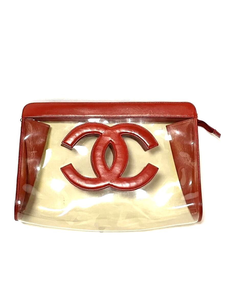 CHANEL CC Logo Clutch Bag Clear Vinyl Pouch Red W 11.8 Inch Vintage Japan  [Used]