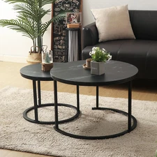 Round Modern Nesting Coffee Table Set of 2,Waterproof Faux Marble Wood Top & Met