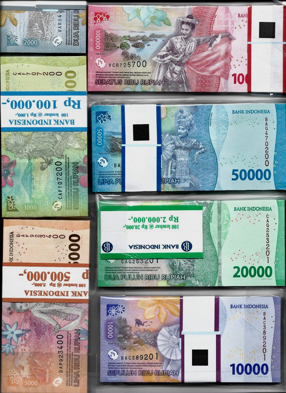 Indonesia 2022 x 20 Sets 100000 50000 20000 10000 5000 2000 1000 Rupiah UNC Lot