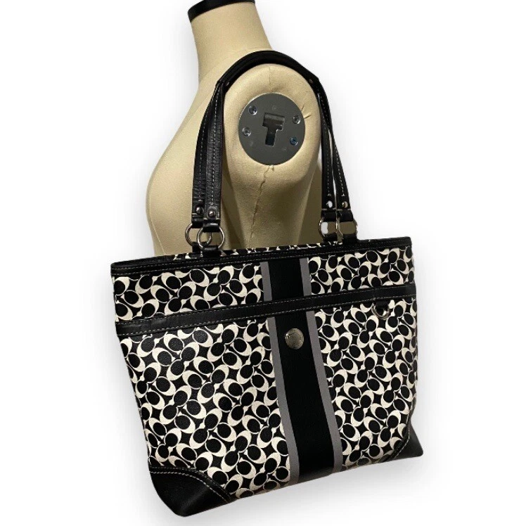 Coach Black White Chelsea Heritage Signature Stripe Purse Handbag Silver Detail